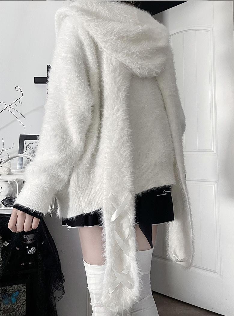 White/Black Knitted Coat, Long Bunny Ear Hood 44334:804913