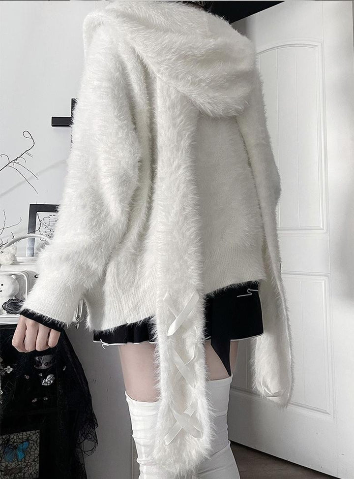White/Black Knitted Coat, Long Bunny Ear Hood 44334:804913