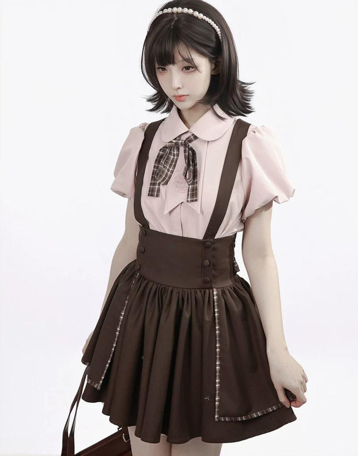 Academia Bubble Sleeve Blouse, Elastic Waist Suspender Skirt 45875:866394