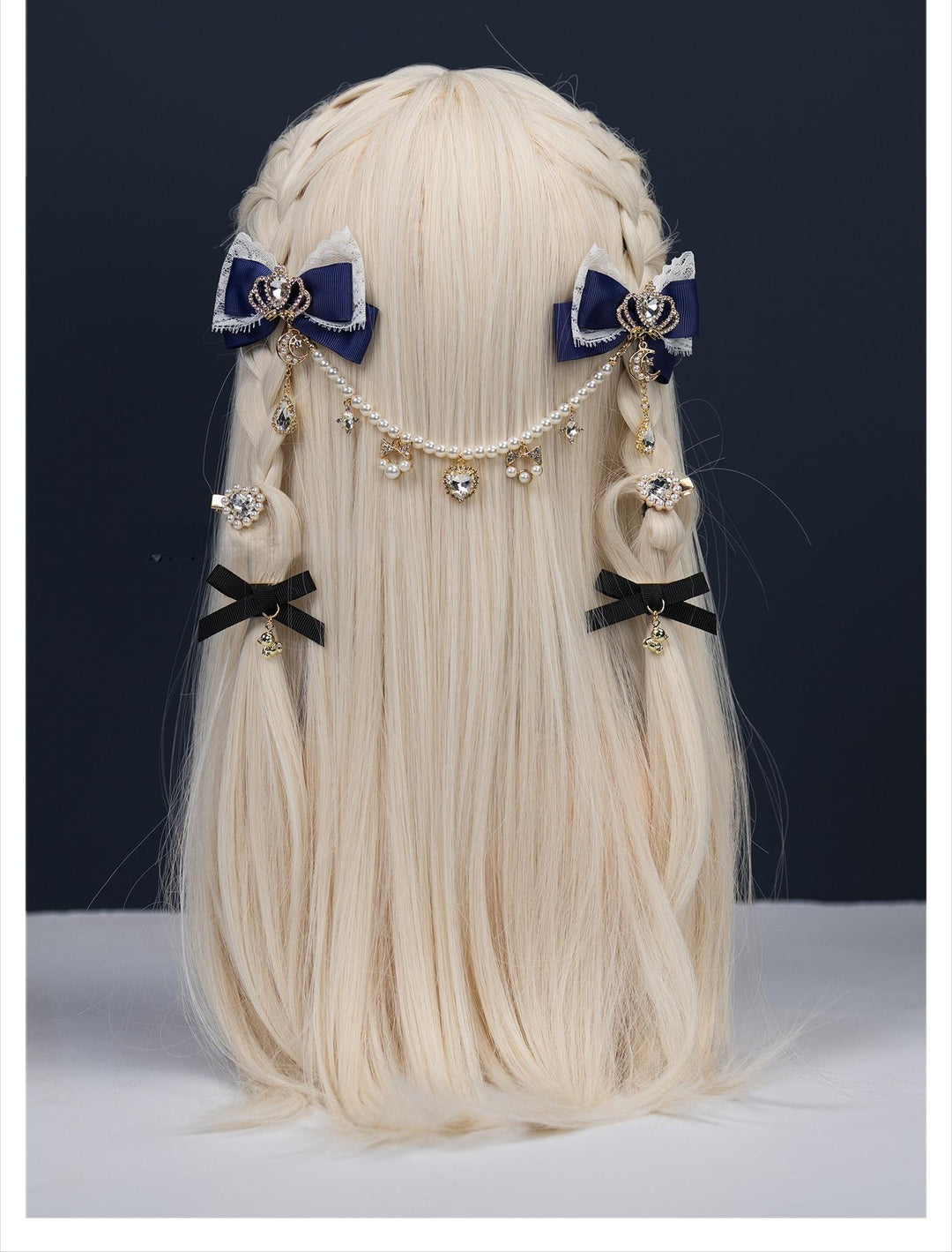 Jirai Kei Bow Hair Clips, Rhinestone Crown and Pearl Chain 44194:802754