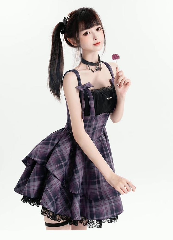 Gyaru Purple Plaid Dress With Lace Trim And Black Bolero 22508:323490