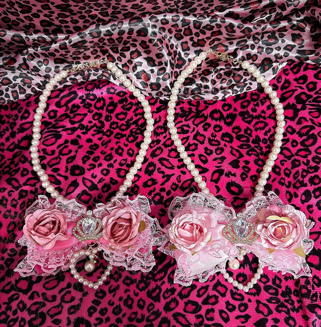 Gyaru Pearl Necklace, Floral or Heart Rhinestone Style 45564:854944