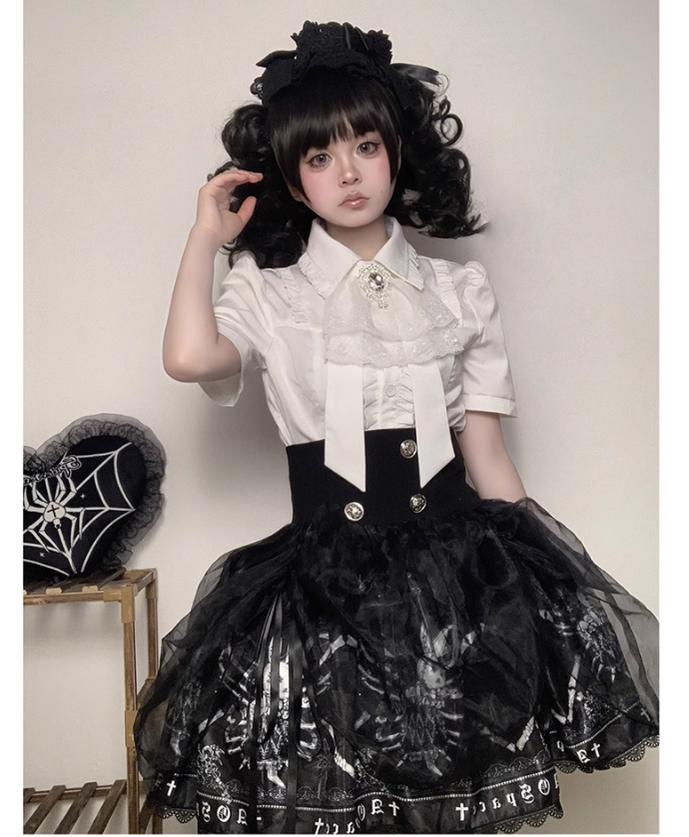 Gothic Lolita Skirt High-Waisted Print Skirt With Lace Trim 37562:563910