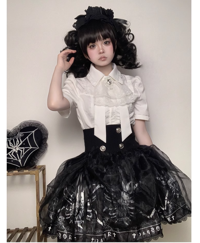 Black Lolita Skirt High-Waisted Print Skirt With Lace Trim 37562:563910