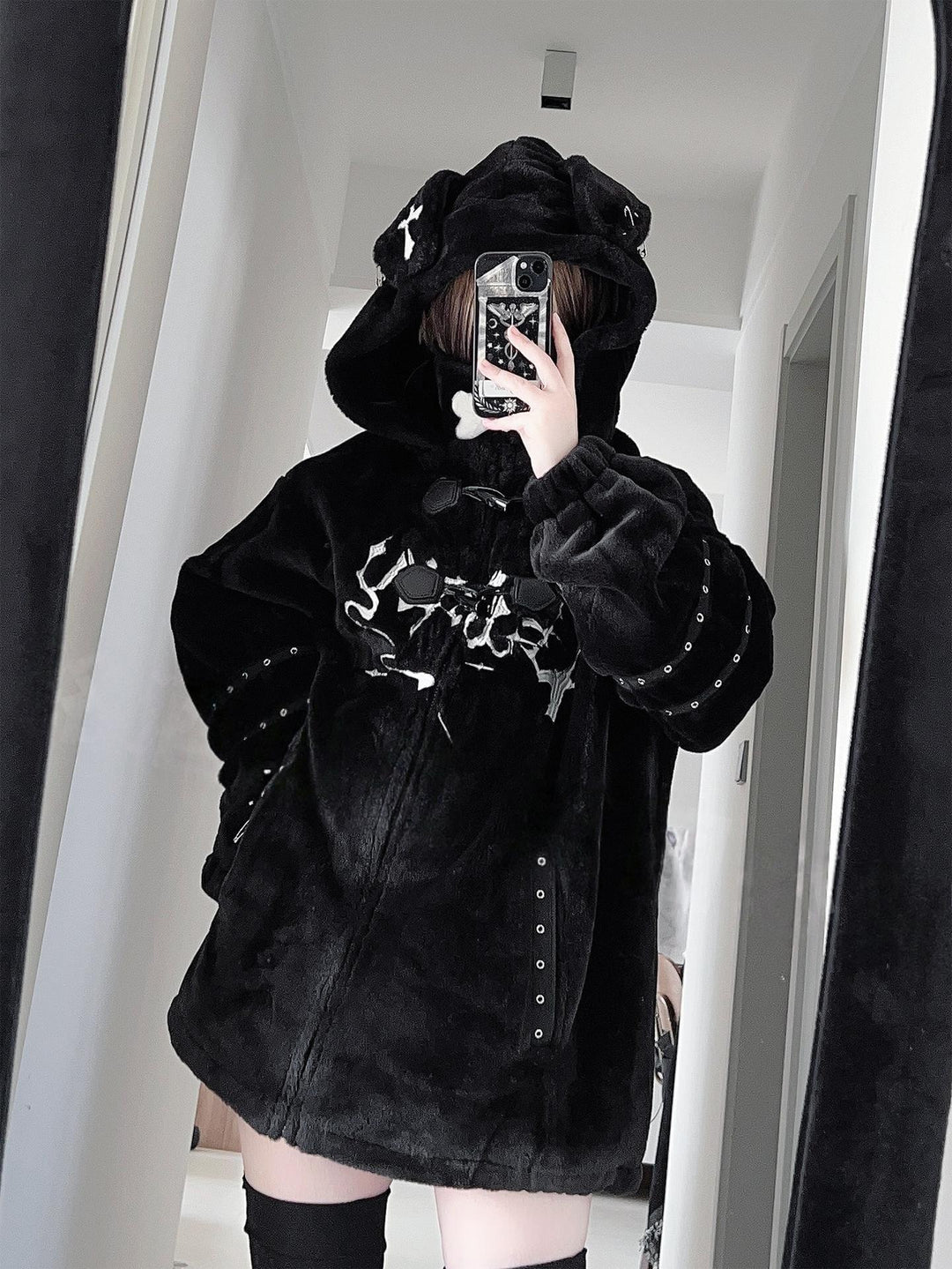 Y2K Black Hooded Coat, Puppy Ear Accents 44416:807602
