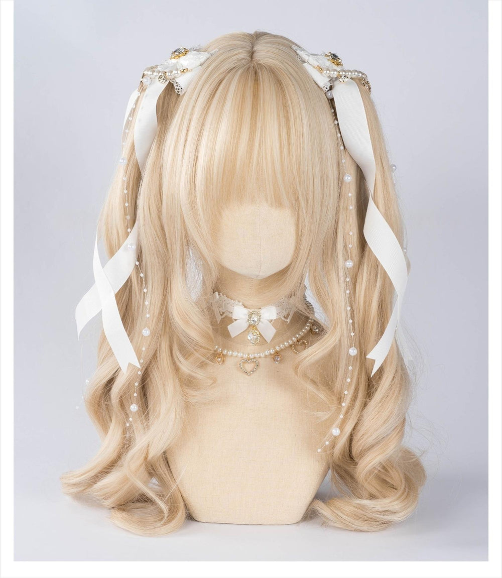 Jirai Kei Bow Hair Clip, Heart Rhinestone, Pearl Chain, Lace Trim 43501:778527