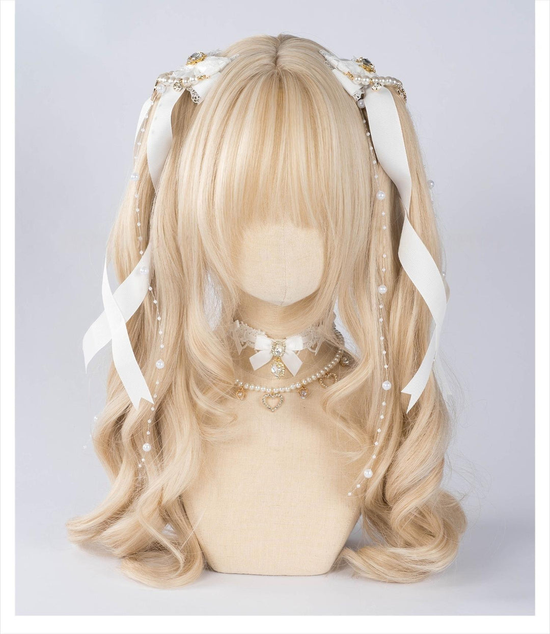 Jirai Kei Bow Hair Clip, Heart Rhinestone, Pearl Chain, Lace Trim 43501:778527