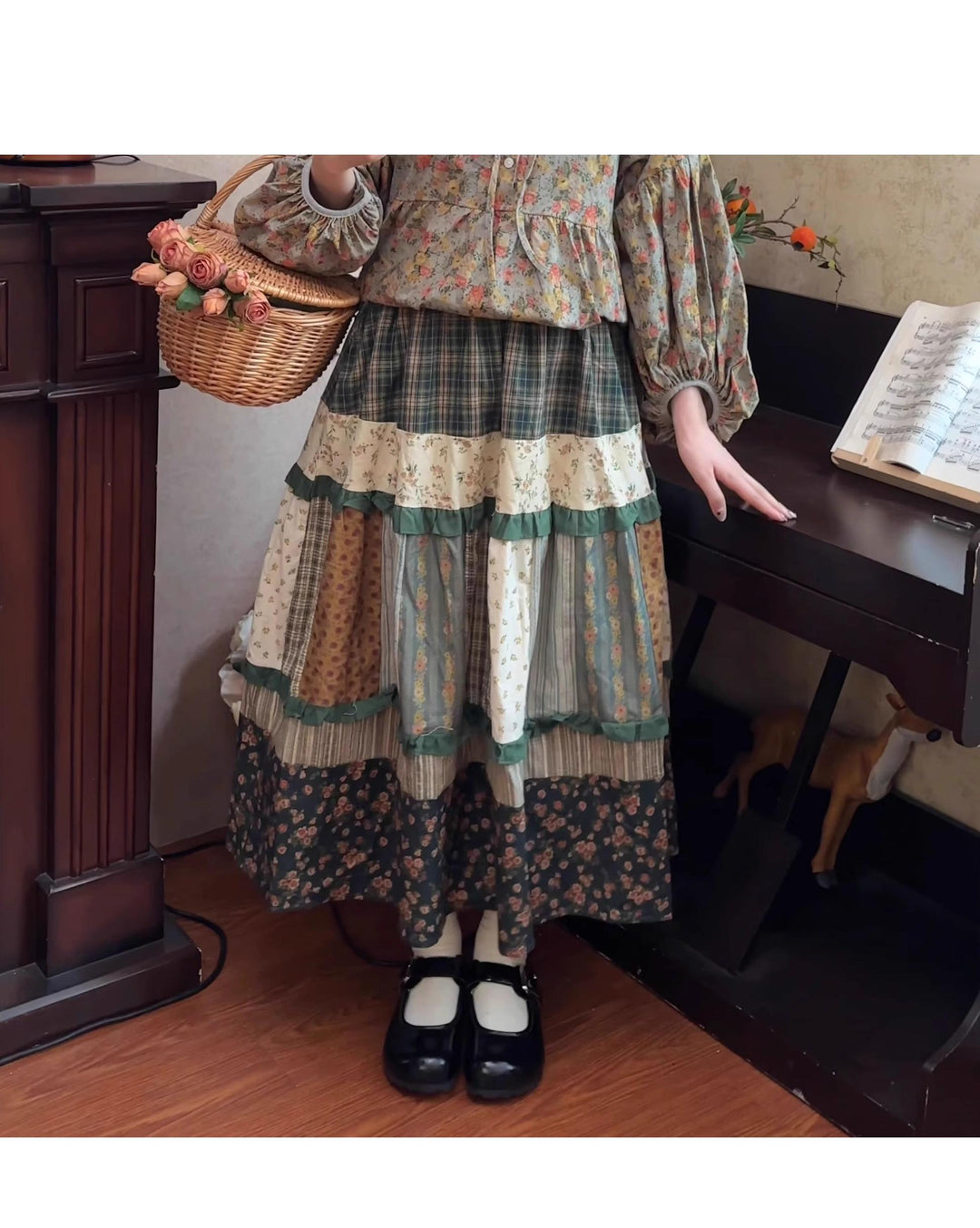 Mori Kei Skirt Retro Plaid Patchwork Floral Long Skirt 41800:719750