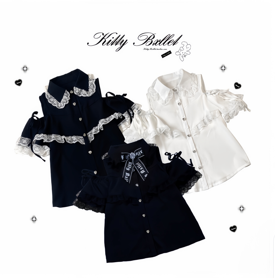 Jirai Kei Shirt Lace Open-shoulder Blouse Short Sleeve Top 36782:769251