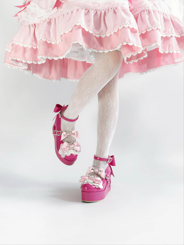Sweet Lolita Platform Shoes, Bow and Heart-Shaped Pearl 45357:846111
