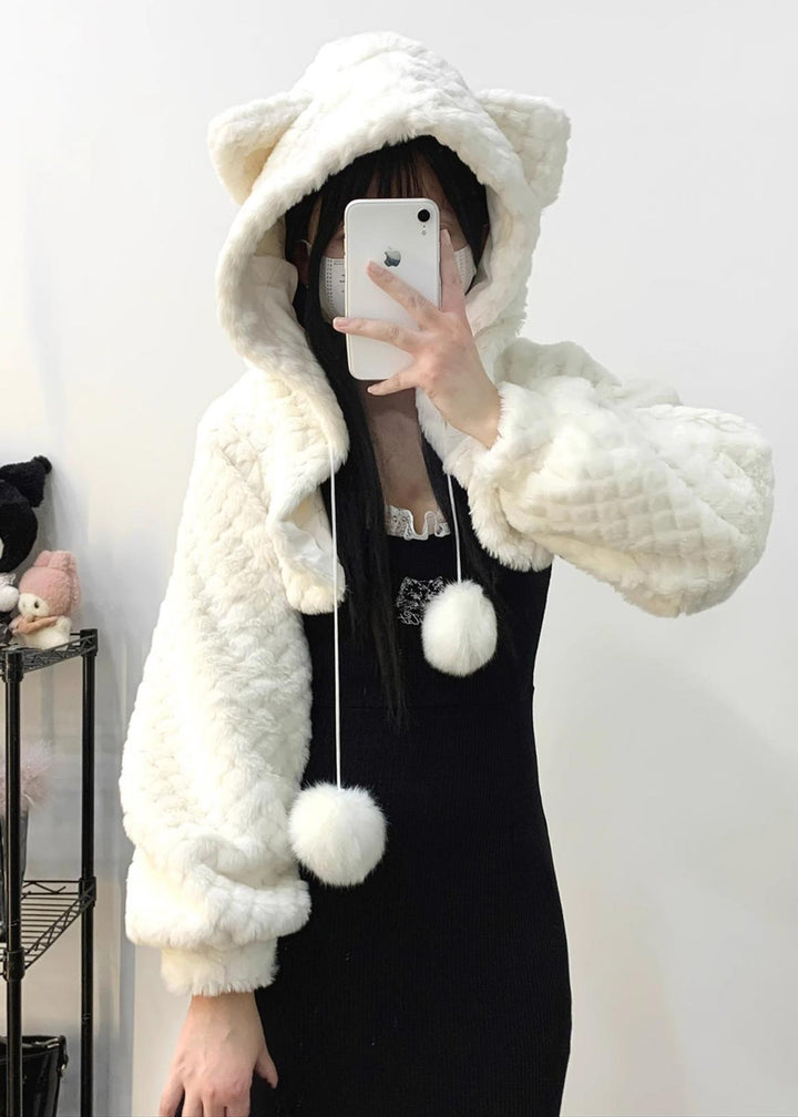 Jirai Kei Coat Plush Hoodie Plaid Bolero (White) 34406:460416 (White) 34406:460416