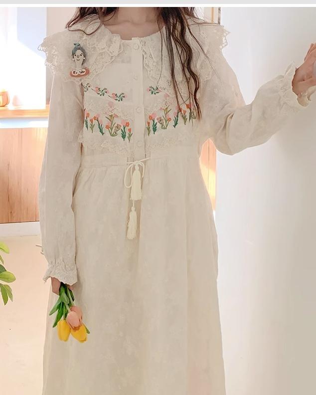 Mori Kei Peter Pan Collar Beige Lace Embroidery Long Sleeve Dress 22568:329410