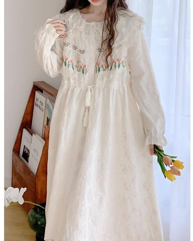 Mori Kei Peter Pan Collar Beige Lace Embroidery Long Sleeve Dress 22568:329404