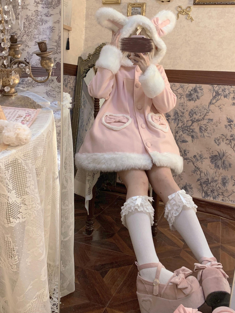 Sweet Lolita Coat Bunny Ear Hood Coat Pink Woolen Jacket 40932:680254