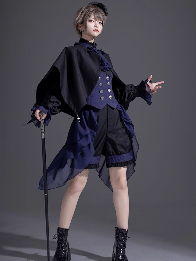 Ouji Lolita Prince Outfit Navy Blue Lolita Blouse Skirt Set 39360:633314