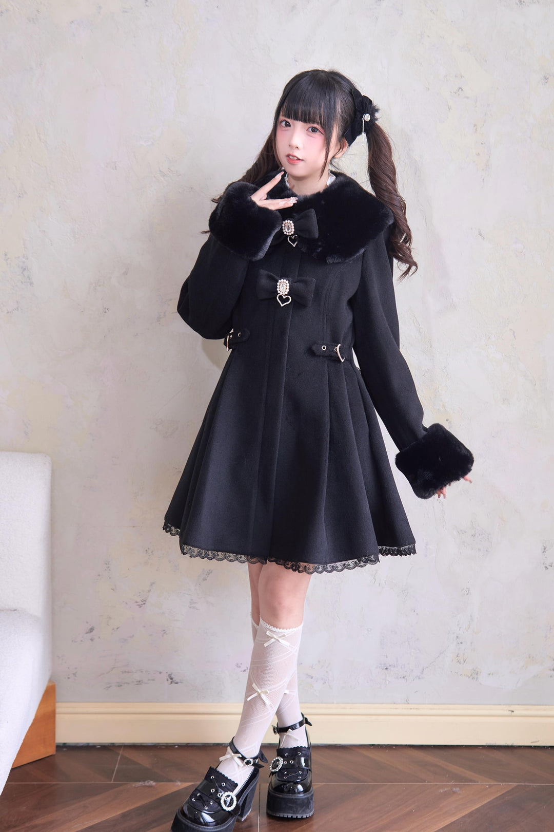 Jirai Kei Winter Coat Fur Collar Lace Coat With Bows 41410:698178