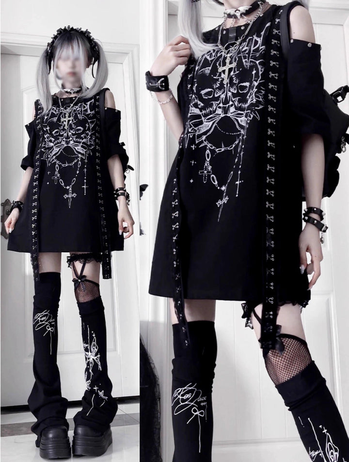 Open-Shoulder Subculture Cotton T-Shirt 43872:789431