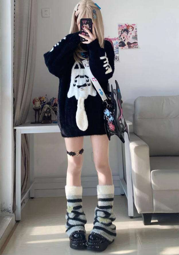 Jirai Kei Sweater Black Ghost Cat Print Couple Sweater 39952:646082