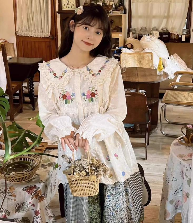 Mori Kei Blouse Flower Embroidery Shirt Anti-aging Top 36218:524754