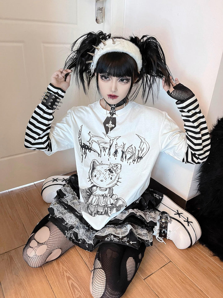 Punk Top Y2K Shirt False Two Striped Long Sleeve T-shirt 34484:538338 34484:538338