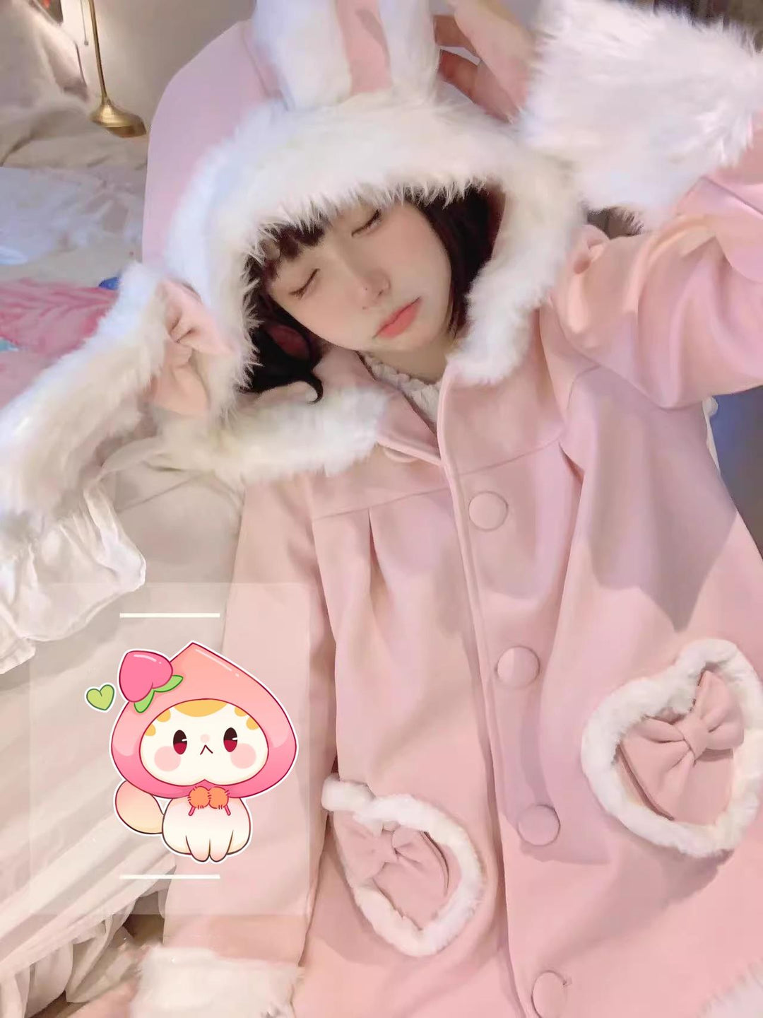 Sweet Lolita Coat Bunny Ear Hood Coat Pink Woolen Jacket 40932:680234