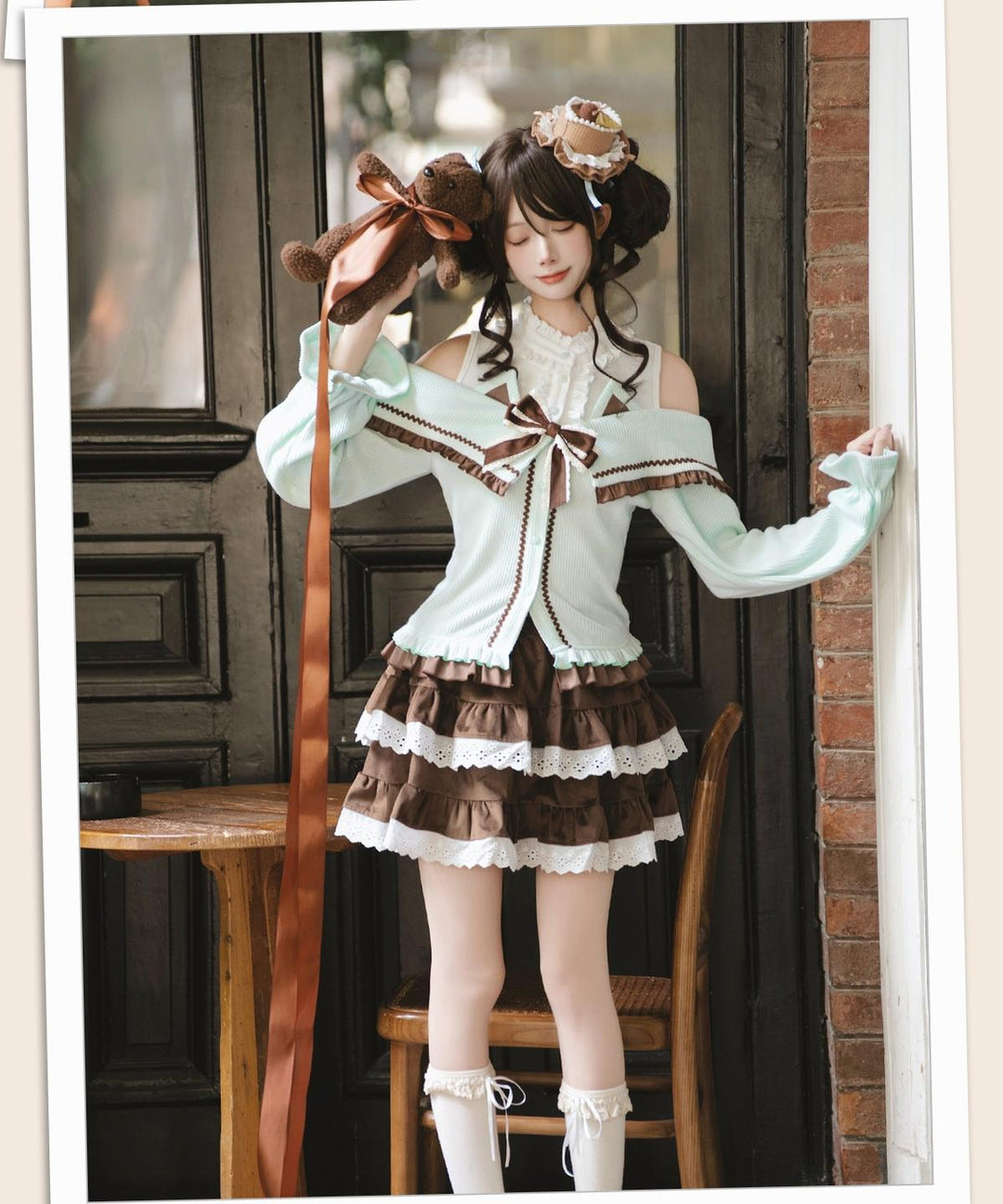 Sweet Open-shoulder Sweater, Vintage Skirt 44077:795890