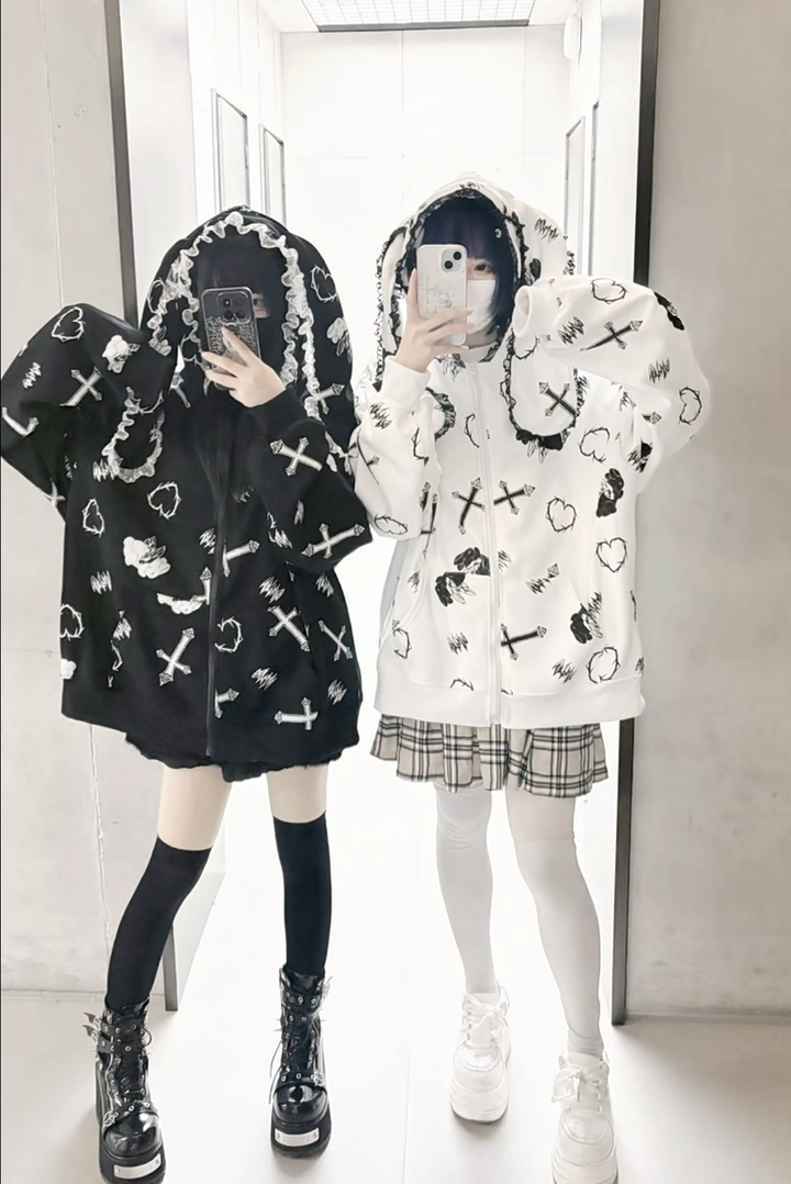 Plus Size Jirai Kei Coat Bunny Ear Hoodie Jacket With Lace 42165:731437