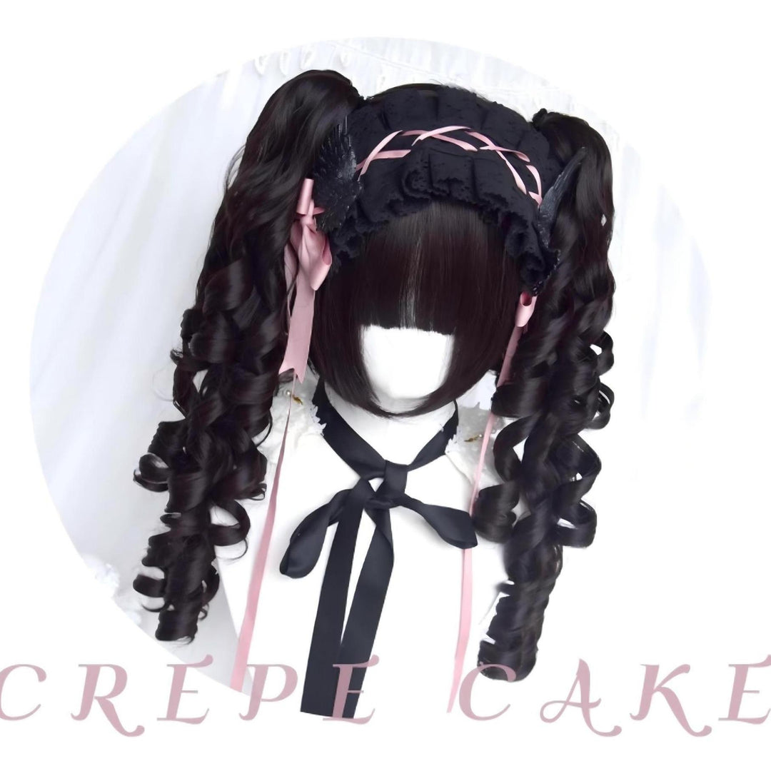 Black Jirai Kei Wig Set Lolita Roman Curly Double Ponytail 42183:733001