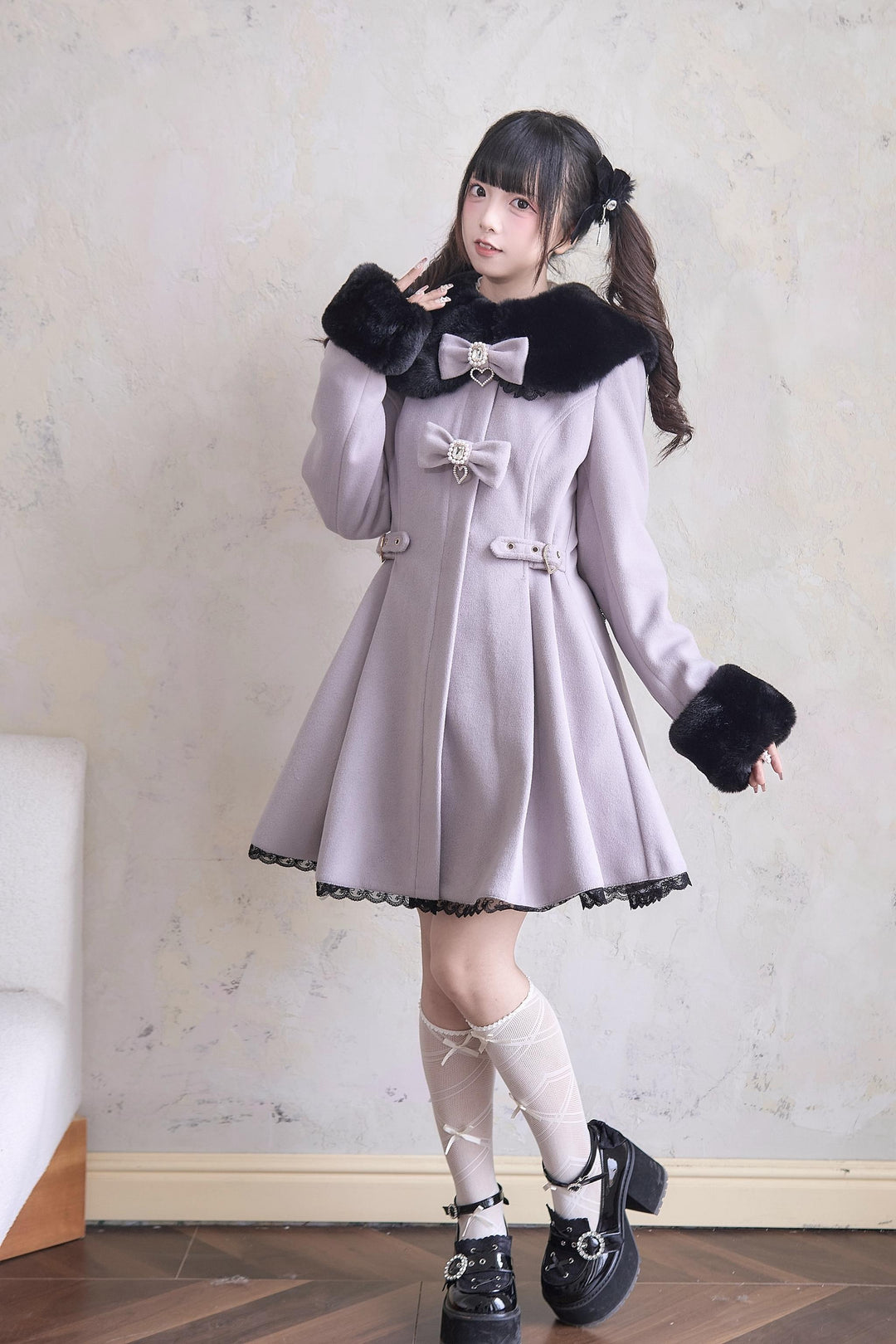 Jirai Kei Winter Coat Fur Collar Lace Coat With Bows (L M) 41410:698176