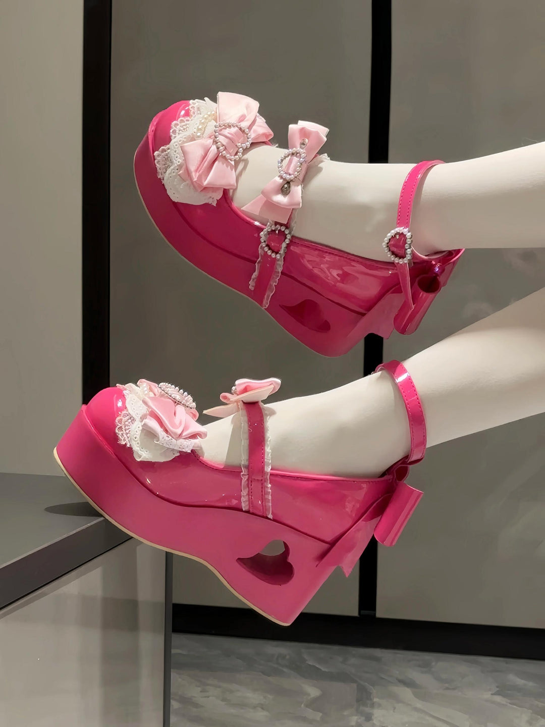 Sweet Lolita Platform Shoes, Bow and Heart-Shaped Pearl 45357:846115