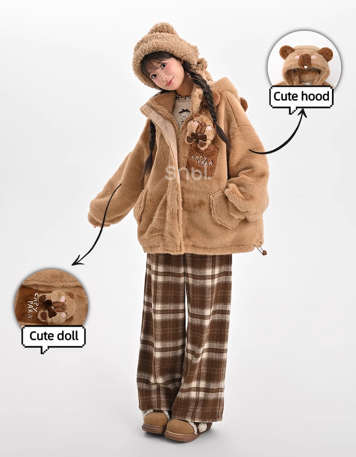 Kawaii Winter Coat Fleece Brown Hooded Coat With Bear Ears 40222:659194