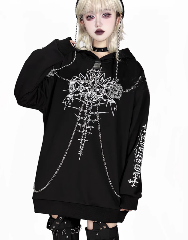 Jirai Kei Hoodie Gothic Sweatshirt Soul-Devouring Rabbit Bone Printed 42150:731187