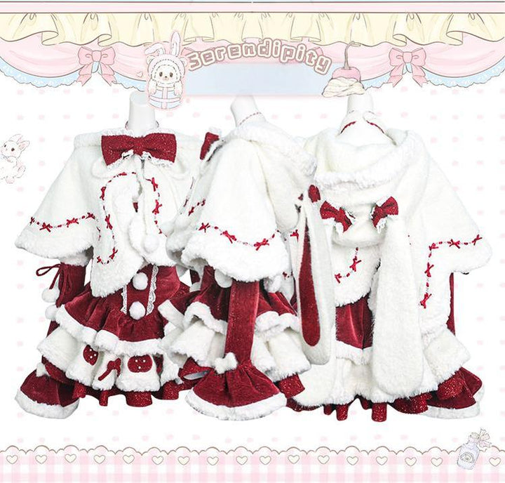 Kawaii Christmas Red Velvet Dress And White Bunny Ear Cape 41118:686522