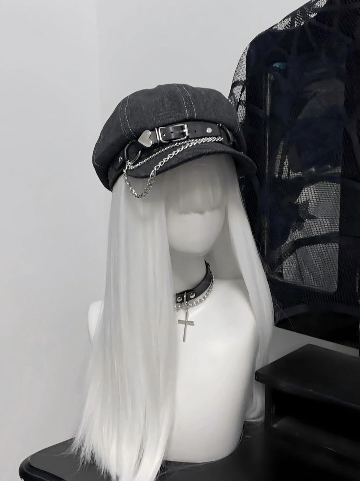 Jirai Kei Hat Denim Dark Grey Metal Chain Beret 39118:626422