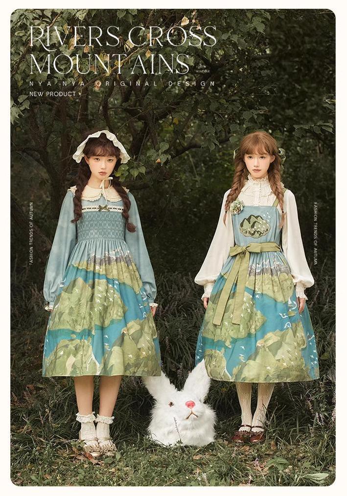 Lolita Dress Rivers Cross Mountains Print Lolita Dress Set 39412:627164