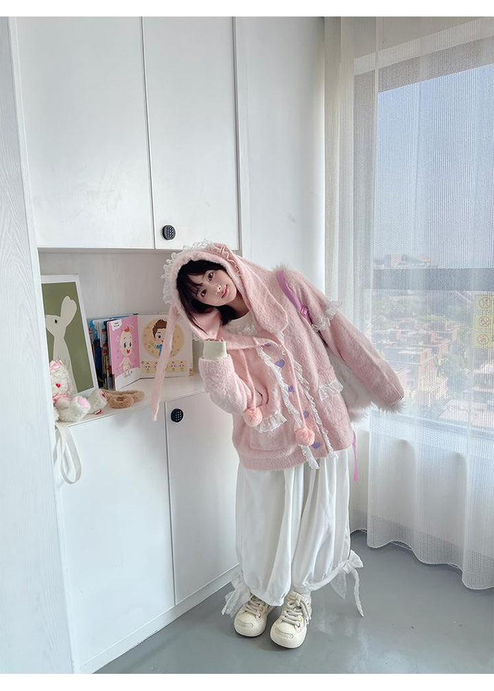 Kawaii Coat Sweater Bunny Ear Lace Knitted Hooded Cardigan 40338:665326