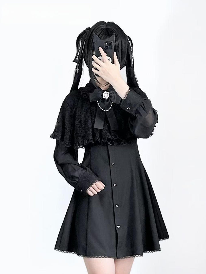 Lace Cape-Inspired Ryousangata Dress (Black / L M S XS) 43863:787944