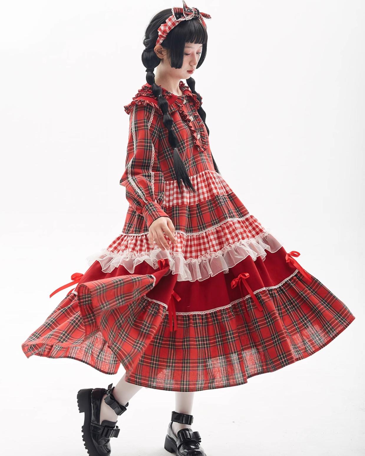 Sweet Lolita Dress Kawaii Dress Retro Dress Red Plaid Dress 36148:542892