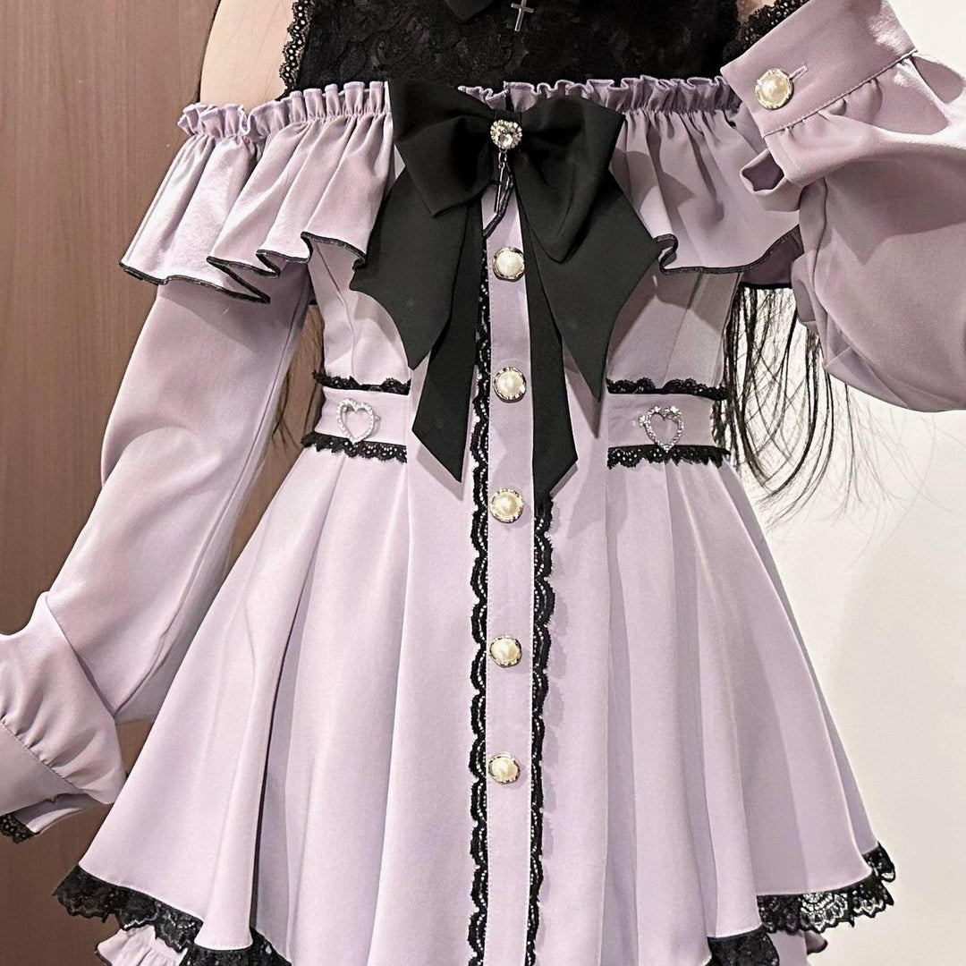 Jirai Kei Dress Set, Open-Shoulder Dress, Lace Patchwork 41552:836435