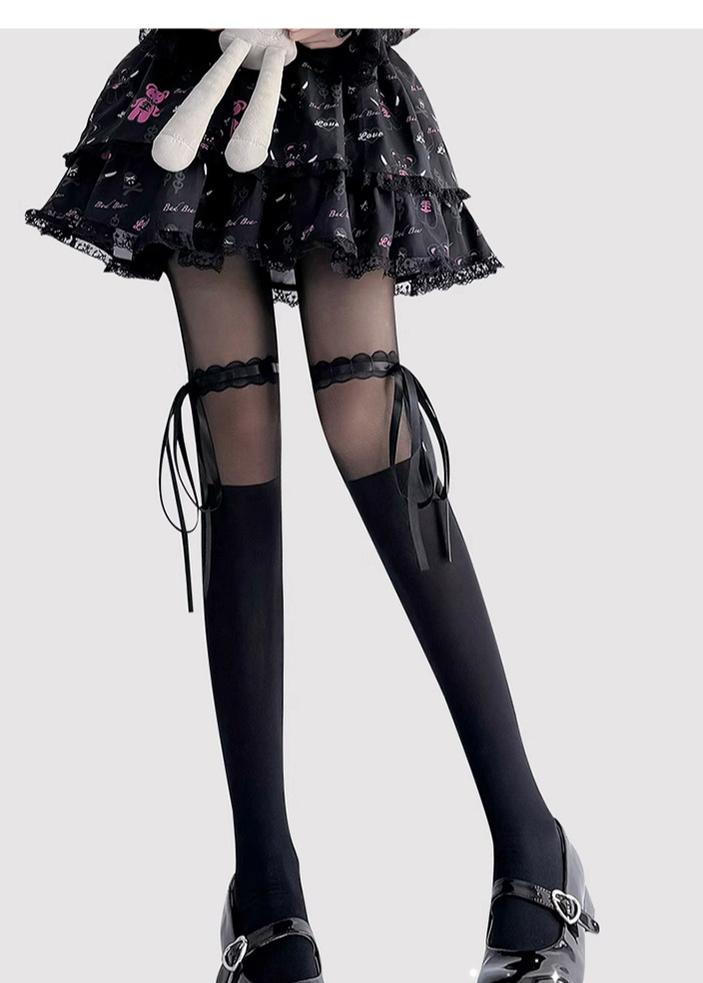 Lolita Socks Thin Lace Splice Thigh-high Socks White Black Silk (Black) 36622:526506 (Black) 36622:526506