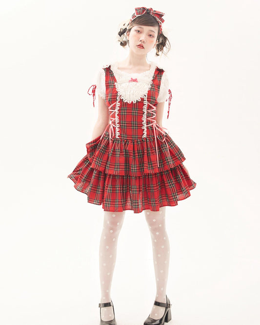 Lolita Dress Retro Red Plaid Dress Cool Girl Dress 36162:543454