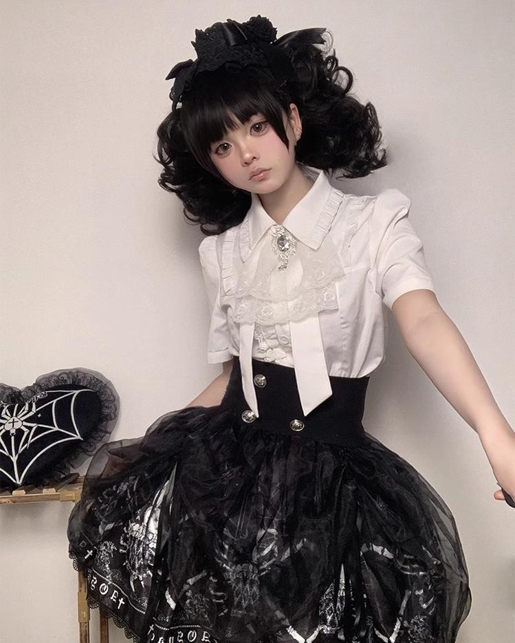 Gothic Blouse White Short-sleeved Shirt Versatile Top 37554:566512