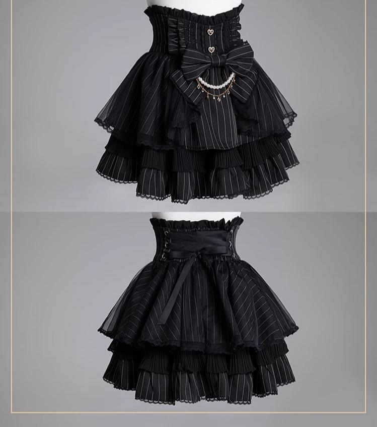 Striped High Waist Jirai Kei Skirt, Detachable Bow 43679:782841
