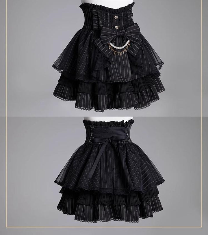 Striped High Waist Jirai Kei Skirt, Detachable Bow 43679:782841