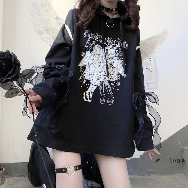 Jirai Kei Hoodie Black Top Angel Printed Hoodie Lace Up 37572:563102 37572:563102