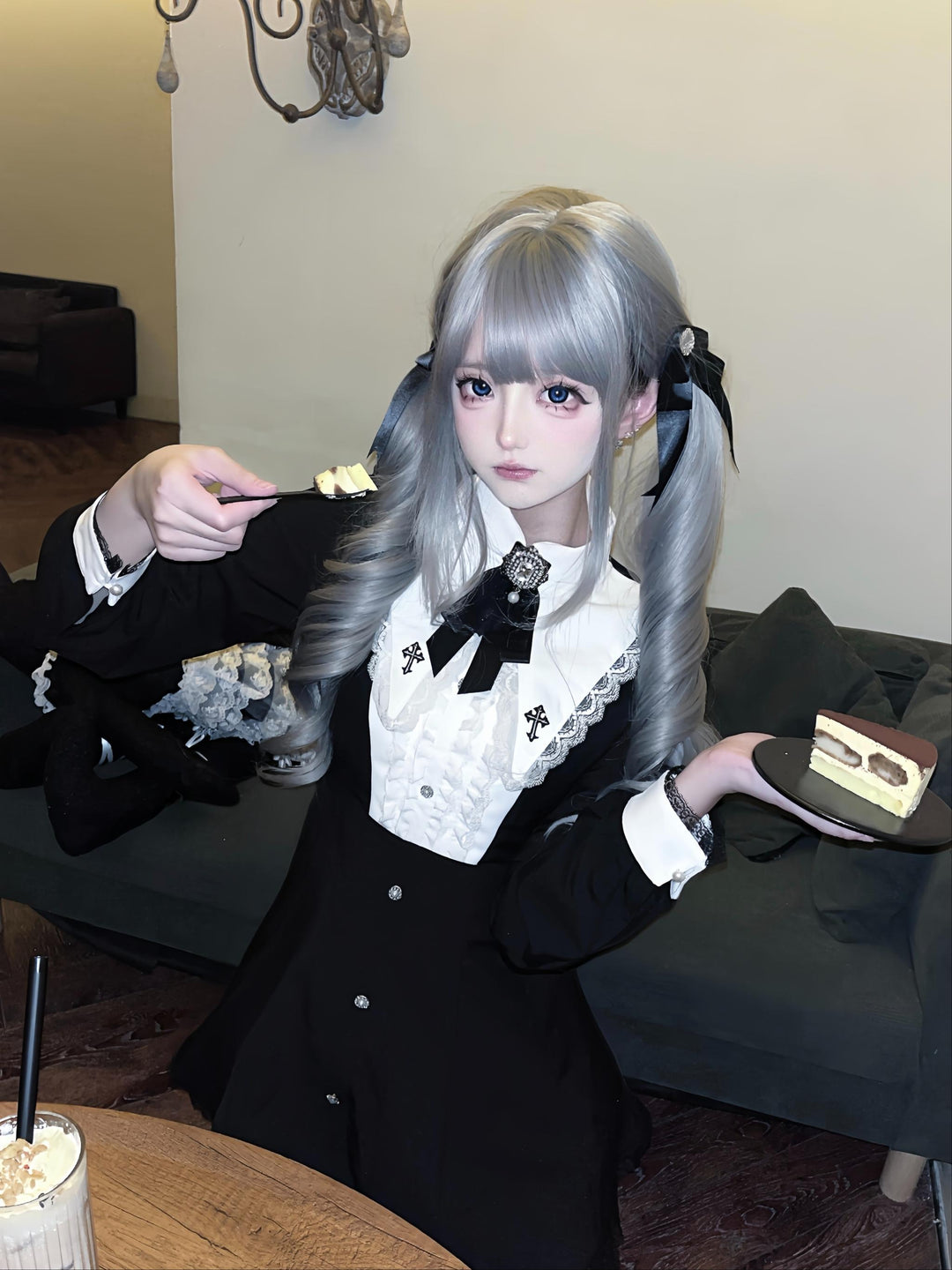 Jirai Kei Dress Set, Pointed Collar With Cross Accents 44145:797354