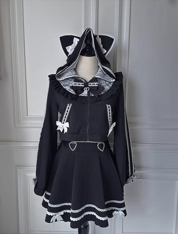 Cat Ear Jirai Kei Zip-Up Hoodie, Pleated Skirt (2XL L M S XL) 43809:786291