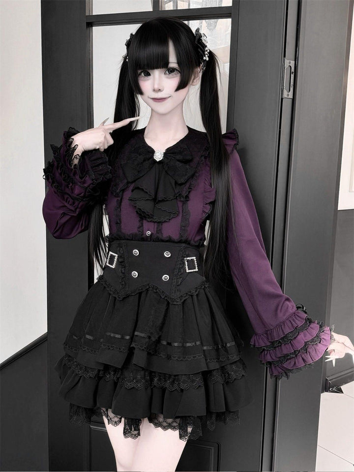 Jirai Kei Lace Blouse, High-Waist Tiered Skirt (2XL L M S XL) 44525:811446