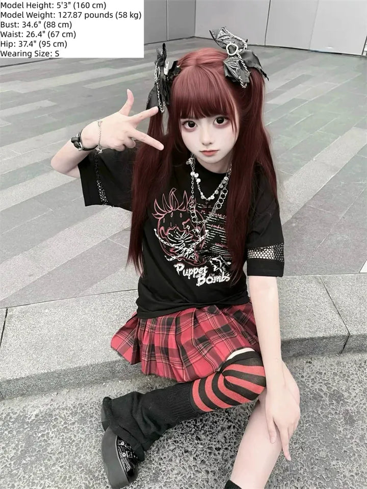 Punk Strawberry and Chain Print T-shirt, Red Plaid Skirt 45365:851410