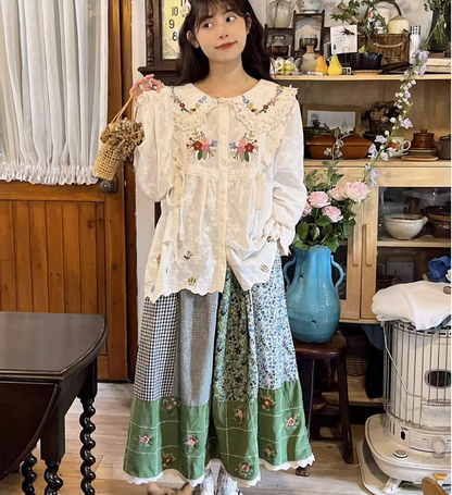 Mori Kei Skirt Green Floral Patchwork Skirt Vintage Skirt 36224:524934